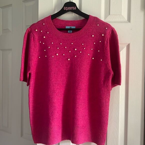 CeCe Rose Pink Short Sleeve Sweater Pearl Embellished Top - Picture 1 of 11